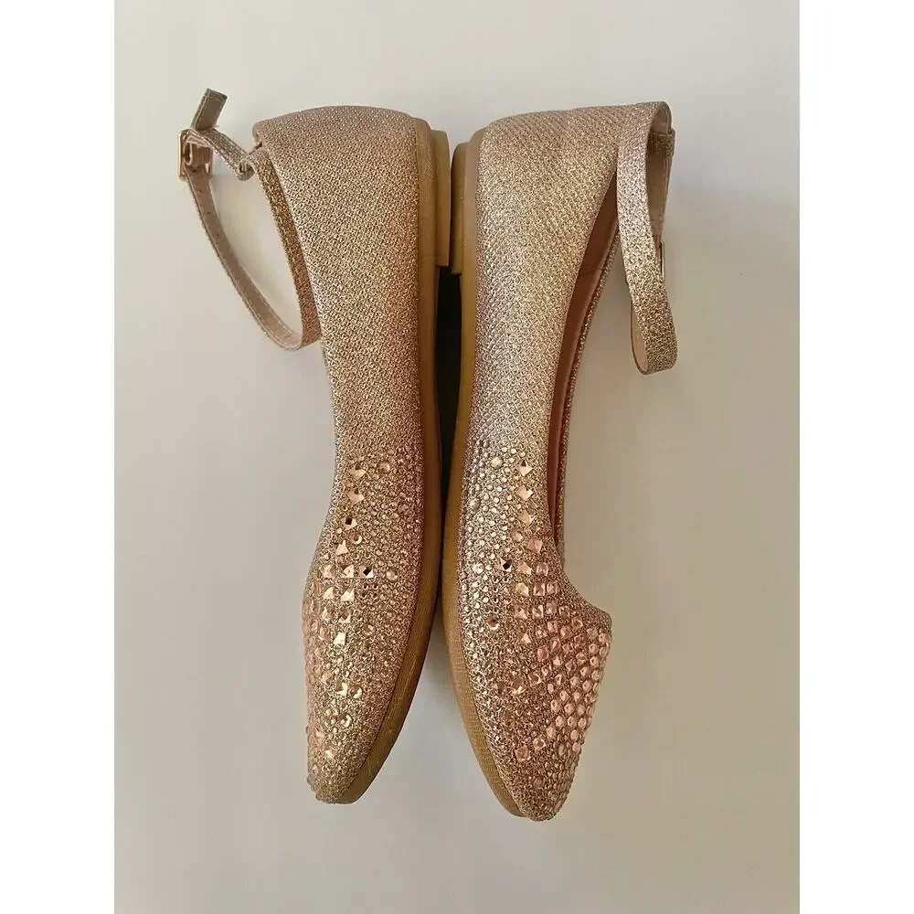 Link Comfort Rose Gold Sparkle Bejeweled Ankle Strap Ballet Flat Shoes Size 4